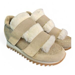 New Gioseppo Anthropologie Tan / Gold Metallic - Fur Wedge Sneakers Shoes 8.5‎